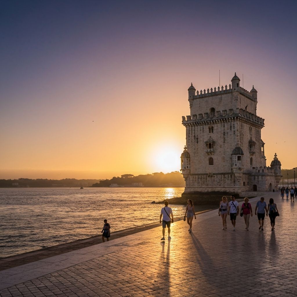 Vista panorâmica de Lisboa com o Rio Tejo ao fundo e a Torre de Belém