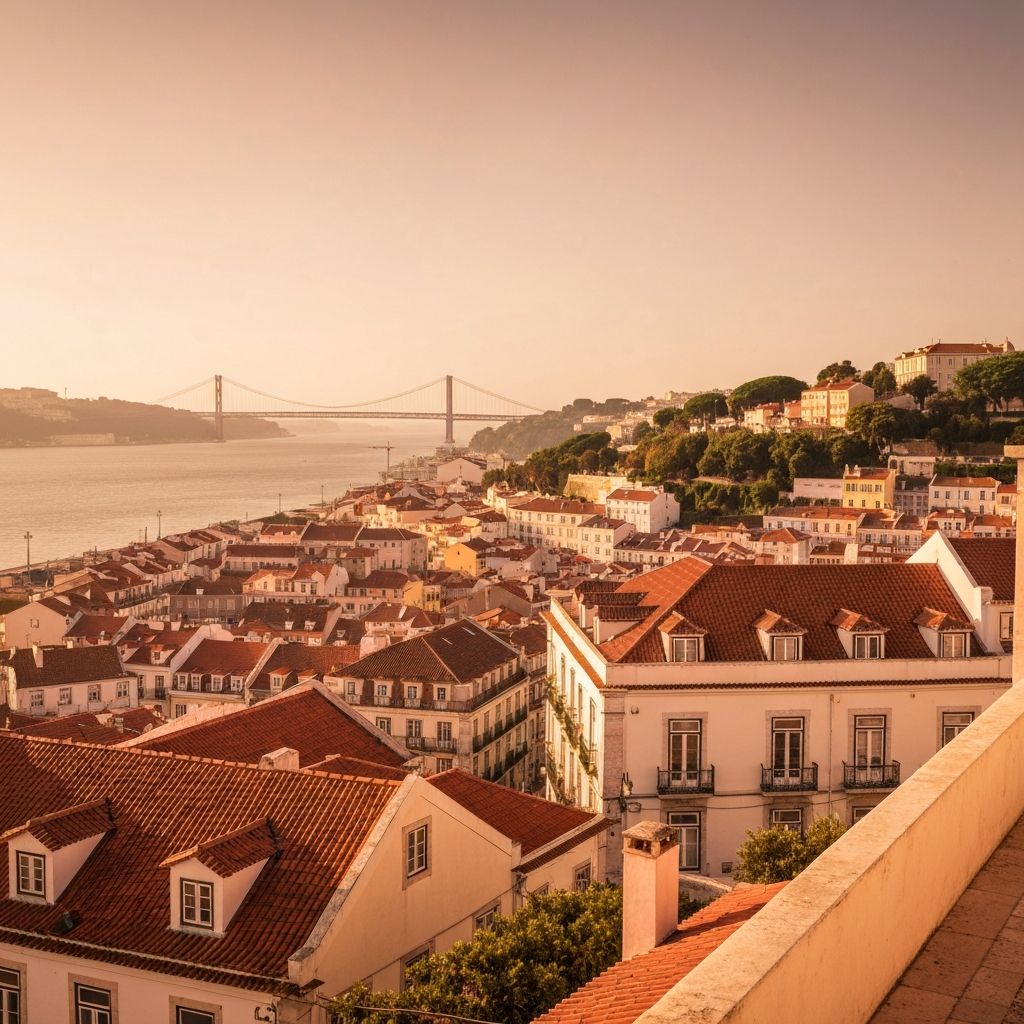 Vista panorâmica de Lisboa com o Rio Tejo ao fundo, arquitetura histórica e paisagem europeia deslumbrante
